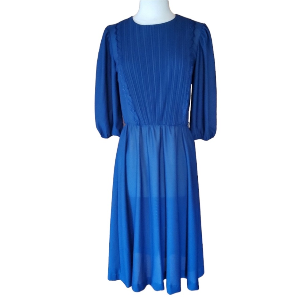 1970s Sandi Lee Navy, Semi-Sheer, Polyester Dress